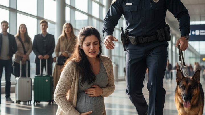 V pětapadesáti těhotná jsem nikdy nečekala, že mě manžel nechá samotnou na letišti — ale když štěkl policejní pes a strážní zkontrolovali prostor pod mými šaty, v terminálu se rozhostilo ticho