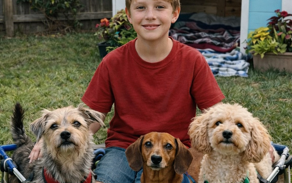 Můj dvanáctiletý syn vlastnoručně sestrojil invalidní vozíky pro tři toulavé psy. Naše sousedka jim však zničila jejich přístřešek — ale už o 24 hodin později se u jejích dveří objevil někdo, koho rozhodně nečekala.