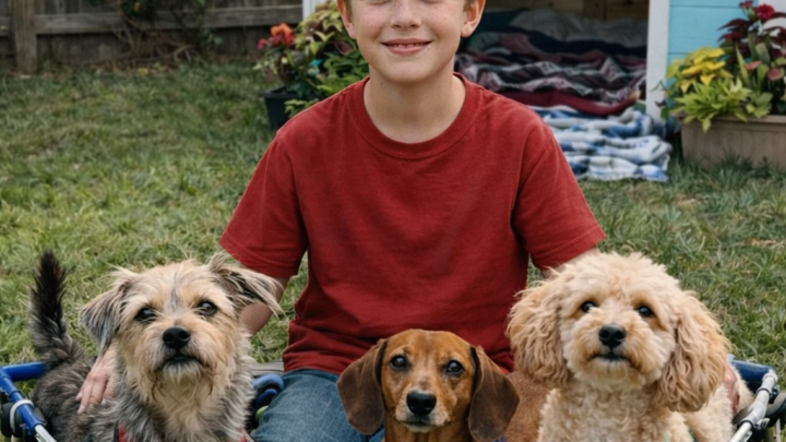 Můj dvanáctiletý syn vlastnoručně sestrojil invalidní vozíky pro tři toulavé psy. Naše sousedka jim však zničila jejich přístřešek — ale už o 24 hodin později se u jejích dveří objevil někdo, koho rozhodně nečekala.